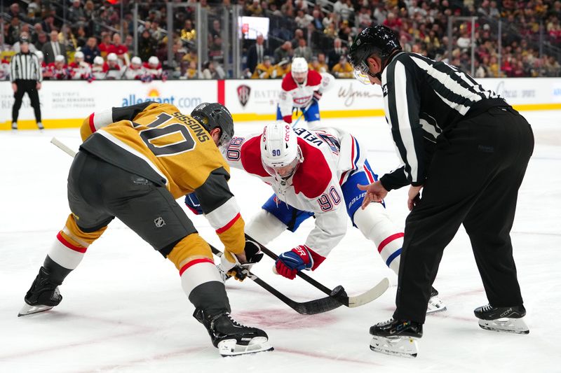 Nov 28, 2025; Las Vegas, Nevada, USA; Montréal Canadiens center Joe Veleno (90) takes a face off against Vegas Golden Knights center Colton Sissons (10) during the second period at T-Mobile Arena. Mandatory Credit: Stephen R. Sylvanie-Imagn Images