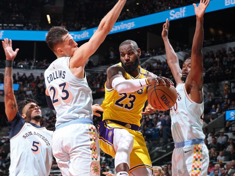 SAN ANTONIO, TX - NOVEMBER 27: LeBron James #23 of the Los Angeles Lakers passes the ball during the game against the San Antonio Spurs on November 27, 2024 at the Frost Bank Center in San Antonio, Texas. NOTE TO USER: User expressly acknowledges and agrees that, by downloading and or using this photograph, user is consenting to the terms and conditions of the Getty Images License Agreement. Mandatory Copyright Notice: Copyright 2024 NBAE (Photos by Jeff Haynes/NBAE via Getty Images)