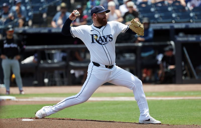 Jun 6, 2025; St. Petersburg, Florida, USA;  Tampa Bay Rays starting pitcher Zack Littell (52) throws a pitch against the Miami Marlins during the first inning at George M. Steinbrenner Field. Mandatory Credit: Kim Klement Neitzel-Imagn Images