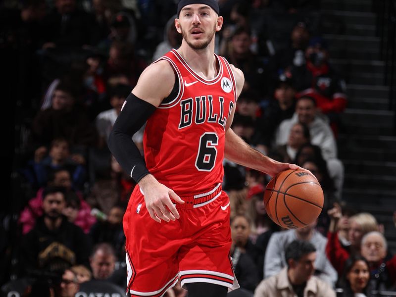 BROOKLYN, NY - MARCH 29: Alex Caruso #6 of the Chicago Bulls dribbles the ball during the game against the Brooklyn Nets on March 29, 2024 at Barclays Center in Brooklyn, New York. NOTE TO USER: User expressly acknowledges and agrees that, by downloading and or using this Photograph, user is consenting to the terms and conditions of the Getty Images License Agreement. Mandatory Copyright Notice: Copyright 2024 NBAE (Photo by Nathaniel S. Butler/NBAE via Getty Images)