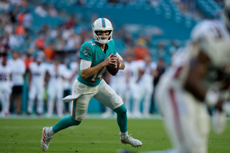 Miami Dolphins quarterback Mike White looks for an opening during the first half of a preseason NFL football game against the Atlanta Falcons, Friday, Aug. 11, 2023, in Miami Gardens, Fla. (AP Photo/Wilfredo Lee)