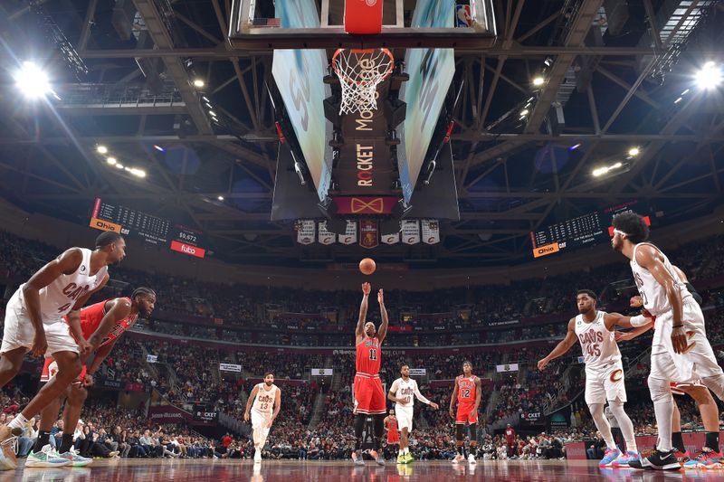 CLEVELAND, OH - FEBRUARY 11: DeMar DeRozan #11 of the Chicago Bulls shoots a free throw during the game against the Cleveland Cavaliers on February 11, 2023 at Rocket Mortgage FieldHouse in Cleveland, Ohio. NOTE TO USER: User expressly acknowledges and agrees that, by downloading and/or using this Photograph, user is consenting to the terms and conditions of the Getty Images License Agreement. Mandatory Copyright Notice: Copyright 2023 NBAE (Photo by David Liam Kyle/NBAE via Getty Images)