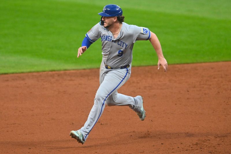 Sep 10, 2025; Cleveland, Ohio, USA; Kansas City Royals first baseman Vinnie Pasquantino (9) runs the bases in the third inning against the Cleveland Guardians at Progressive Field. Mandatory Credit: David Richard-Imagn Images
