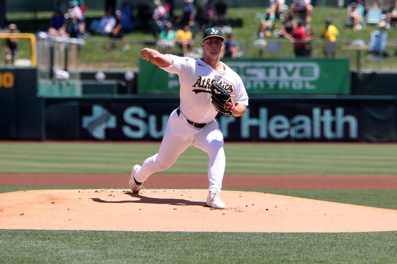 Aug 3, 2025; West Sacramento, California, USA; Athletics starting pitcher Jack Perkins (50) throws a pitch on his first career start against the Arizona Diamondbacks during the first inning at Sutter Health Park. Mandatory Credit: Dennis Lee-Imagn Images