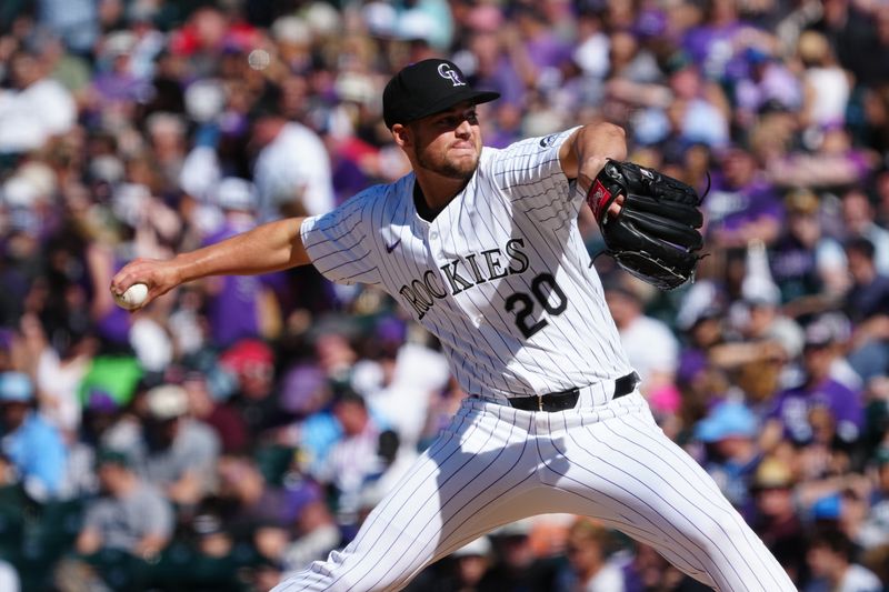 Apr 5, 2024; Denver, Colorado, USA; Colorado Rockies pitcher Peter Lambert (20) delivers a pitch in the fifth inning against the Tampa Bay Rays at Coors Field. Mandatory Credit: Ron Chenoy-USA TODAY Sports