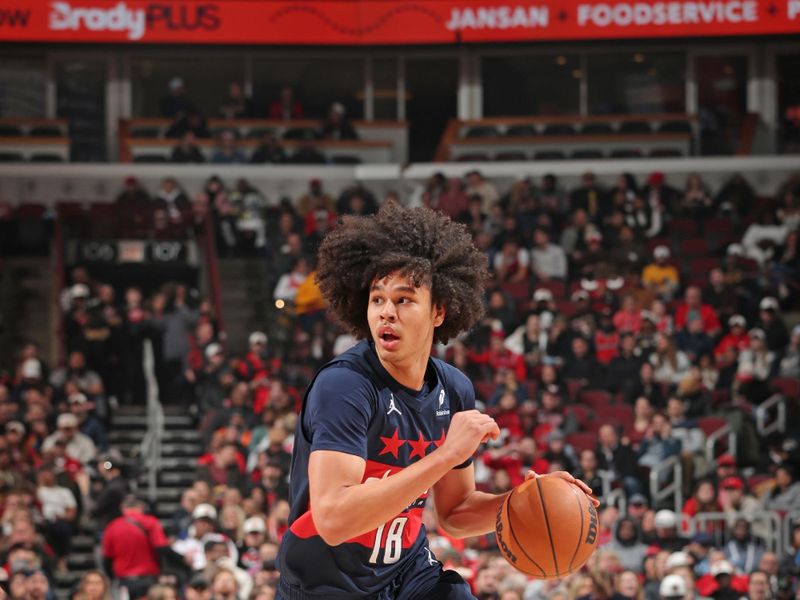 CHICAGO, IL - JANUARY 10: Kyshawn George #18 of the Washington Wizards handles the ball during the game against the Chicago Bulls on January 10, 2025 at United Center in Chicago, Illinois. NOTE TO USER: User expressly acknowledges and agrees that, by downloading and or using this photograph, User is consenting to the terms and conditions of the Getty Images License Agreement. Mandatory Copyright Notice: Copyright 2024 NBAE (Photo by Gary Dineen/NBAE via Getty Images)