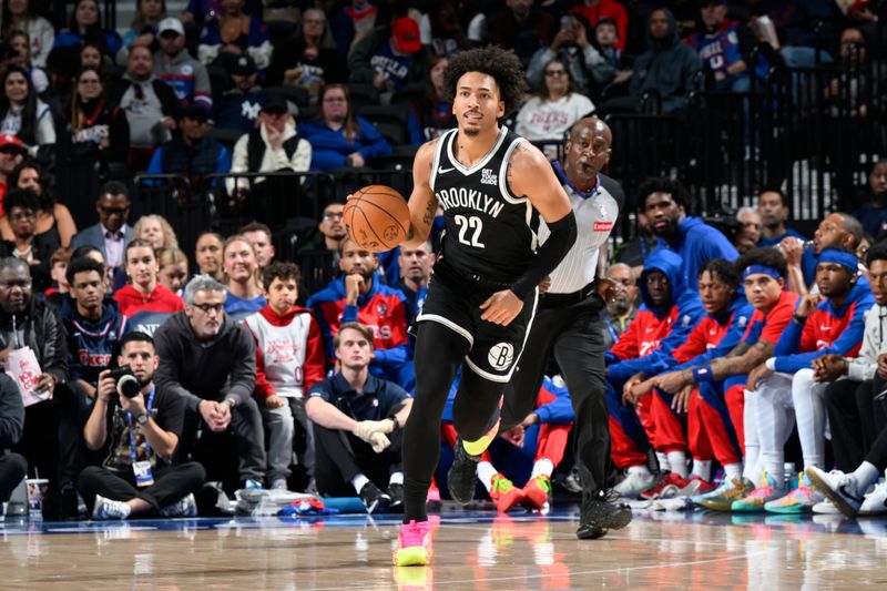 PHILADELPHIA, PA - OCTOBER 16: Jalen Wilson #22 of the Brooklyn Nets dribbles the ball during the game against the Philadelphia 76ers on October 16, 2024 at the Wells Fargo Center in Philadelphia, Pennsylvania NOTE TO USER: User expressly acknowledges and agrees that, by downloading and/or using this Photograph, user is consenting to the terms and conditions of the Getty Images License Agreement. Mandatory Copyright Notice: Copyright 2024 NBAE (Photo by David Dow/NBAE via Getty Images)