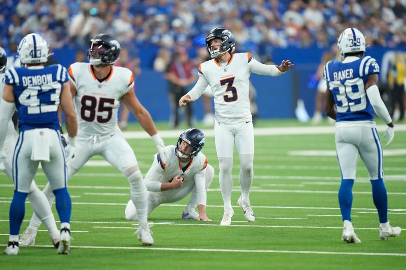 Denver Broncos kicker Wil Lutz kicks a field goal against the Indianapolis Colts during the second quarter of a preseason NFL football game, Sunday, Aug. 11, 2024, in Westfield, Ind. (AP Photo/AJ Mast)