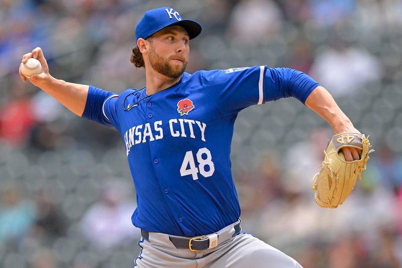 May 27, 2024; Minneapolis, Minnesota, USA; Kansas City Royals starting pitcher Alec Marsh (48) delivers a pitch against the Minnesota Twins during the second inning at Target Field. Mandatory Credit: Nick Wosika-USA TODAY Sports