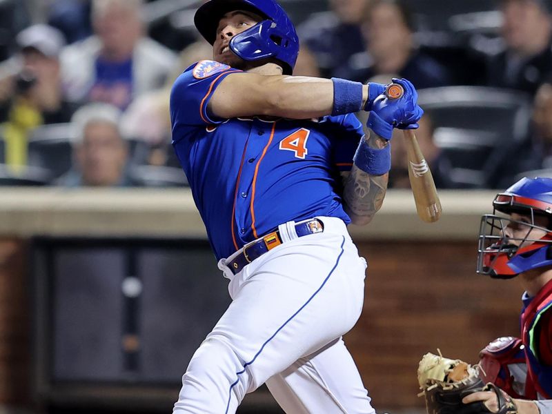 Sep 30, 2023; New York City, New York, USA; New York Mets catcher Francisco Alvarez (4) follows through on a grand slam home run against the Philadelphia Phillies during the third inning at Citi Field. Mandatory Credit: Brad Penner-USA TODAY Sports