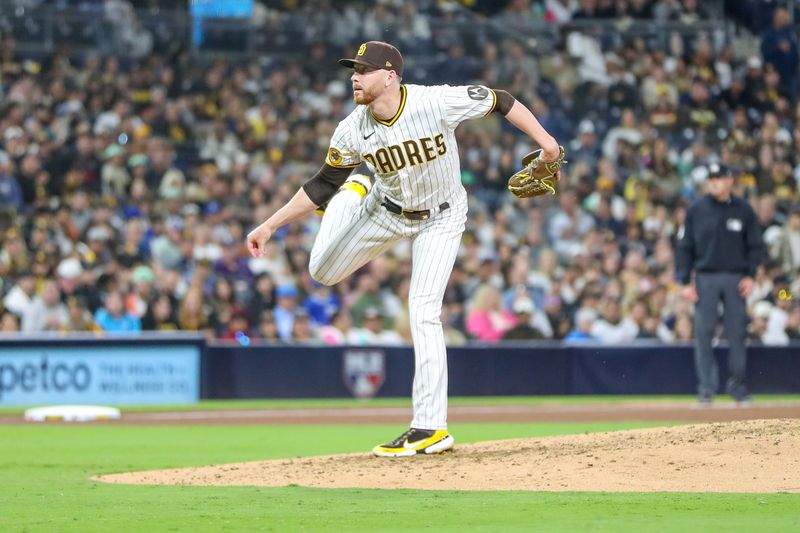 May 16, 2023; San Diego, California, USA; San Diego Padres relief pitcher Steven Wilson (36) throws a pitch during the seventh inning against the Kansas City Royals at Petco Park. Mandatory Credit: David Frerker-USA TODAY Sports