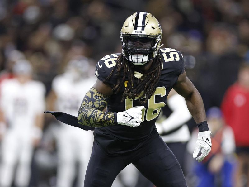 New Orleans Saints linebacker Demario Davis (56) during an NFL football game against the Atlanta Falcons, Sunday, Jan. 7, 2024, in New Orleans. (AP Photo/Tyler Kaufman)