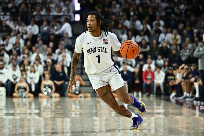 Jan 7, 2024; Philadelphia, Pennsylvania, USA; Penn State Nittany Lions guard Ace Baldwin Jr (1) controls the ball against the Michigan Wolverines in the first half at The Palestra. Mandatory Credit: Kyle Ross-USA TODAY Sports