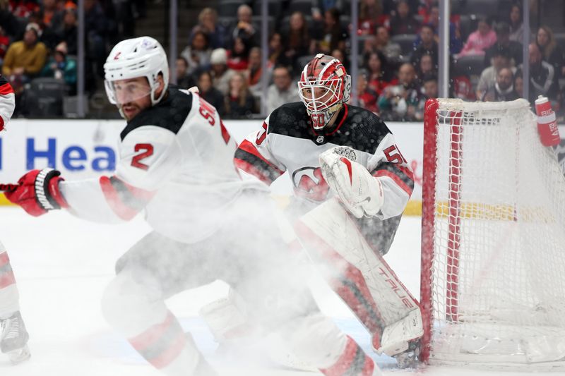 Mar 1, 2024; Anaheim, California, USA; New Jersey Devils goaltender Nico Daws (50) protects the goal during the second period against the Anaheim Ducks at Honda Center. Mandatory Credit: Kiyoshi Mio-USA TODAY Sports