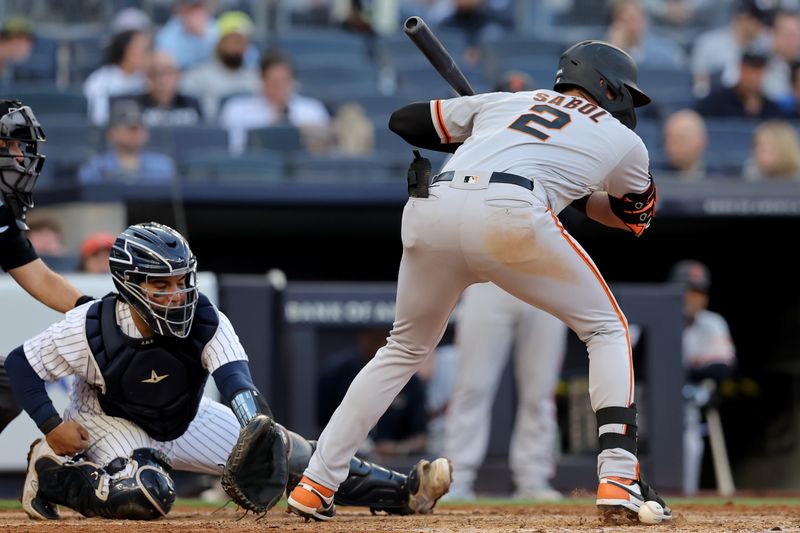 Apr 1, 2023; Bronx, New York, USA; San Francisco Giants left fielder Blake Sabol (2) is hit by a pitch on his foot during the sixth inning against the New York Yankees at Yankee Stadium. Mandatory Credit: Brad Penner-USA TODAY Sports