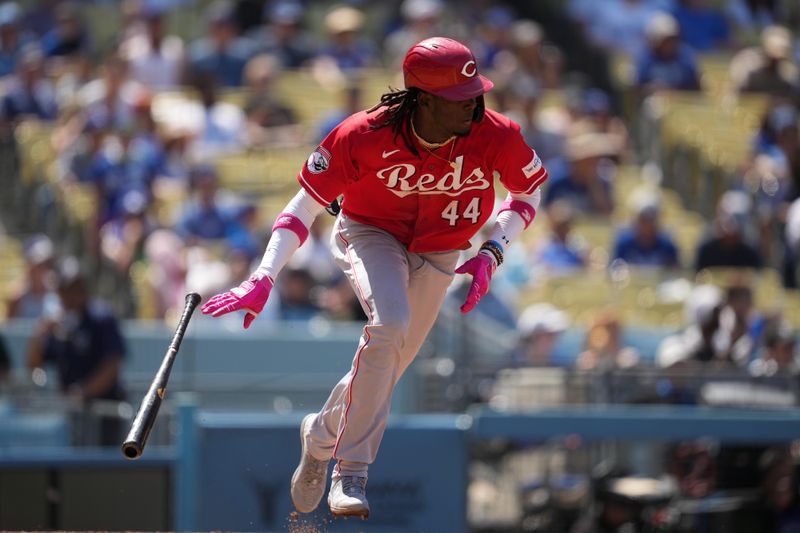 Jul 30, 2023; Los Angeles, California, USA; Cincinnati Reds third baseman Elly De La Cruz (44) singles in the eighth inning against the Los Angeles Dodgers at Dodger Stadium. Mandatory Credit: Kirby Lee-USA TODAY Sports