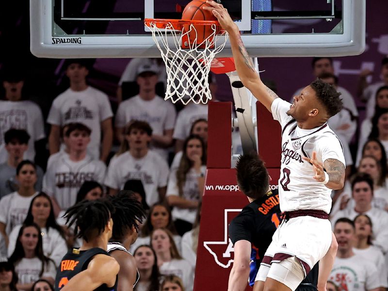 Jan 18, 2023; College Station, Texas, USA; Texas A&M Aggies guard Dexter Dennis (0) elevates for a slam dunk against the Florida Gators during the first half at Reed Arena. Mandatory Credit: Erik Williams-USA TODAY Sports
