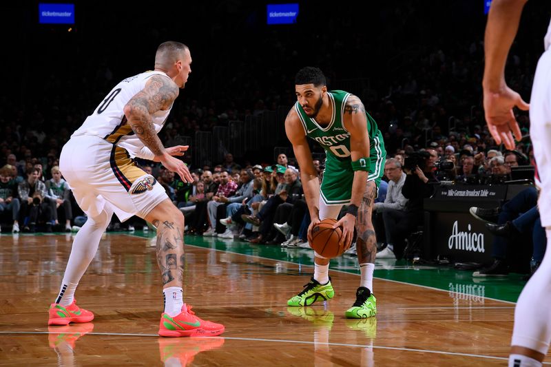 BOSTON, MA - JANUARY 12: Jayson Tatum #0 of the Boston Celtics handles the ball during the game against the New Orleans Pelicans on January 12, 2025 at TD Garden in Boston, Massachusetts. NOTE TO USER: User expressly acknowledges and agrees that, by downloading and/or using this Photograph, user is consenting to the terms and conditions of the Getty Images License Agreement. Mandatory Copyright Notice: Copyright 2025 NBAE (Photo by Brian Babineau/NBAE via Getty Images)