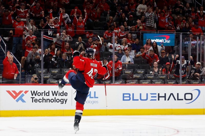 Oct 12, 2024; Washington, District of Columbia, USA; Washington Capitals right wing Tom Wilson (43) celebrates after scoring a goal against the New Jersey Devils in the third period at Capital One Arena. Mandatory Credit: Geoff Burke-Imagn Images