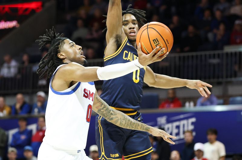 Jan 29, 2025; Dallas, Texas, USA;  California Golden Bears guard Jeremiah Wilkinson (0) defends the shot of Southern Methodist Mustangs guard B.J. Edwards (0) during the first half at Moody Coliseum. Mandatory Credit: Kevin Jairaj-Imagn Images