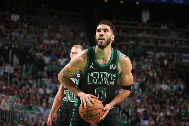 BOSTON, MA - MAY 23: Jayson Tatum #0 of the Boston Celtics shoots a free throw during the game against the Indiana Pacers during Game 2 of the Eastern Conference Finals of the 2024 NBA Playoffs on May 23, 2024 at the TD Garden in Boston, Massachusetts. NOTE TO USER: User expressly acknowledges and agrees that, by downloading and or using this photograph, User is consenting to the terms and conditions of the Getty Images License Agreement. Mandatory Copyright Notice: Copyright 2024 NBAE  (Photo by Nathaniel S. Butler/NBAE via Getty Images)