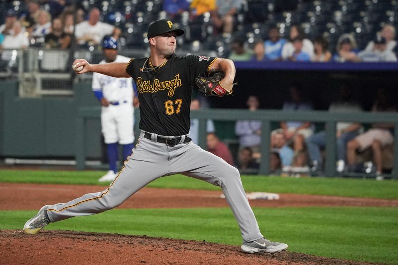 Aug 29, 2023; Kansas City, Missouri, USA; Pittsburgh Pirates relief pitcher Cody Bolton (67) delivers a pitch against the Kansas City Royals in the ninth inning at Kauffman Stadium. Mandatory Credit: Denny Medley-USA TODAY Sports