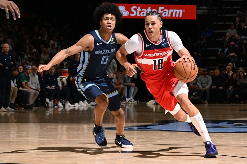 MEMPHIS, TN - NOVEMBER 8: Kyshawn George #18 of the Washington Wizards handles the ball during the game against the Memphis Grizzlies on November 8, 2024 at FedExForum in Memphis, Tennessee. NOTE TO USER: User expressly acknowledges and agrees that, by downloading and or using this photograph, User is consenting to the terms and conditions of the Getty Images License Agreement. Mandatory Copyright Notice: Copyright 2024 NBAE (Photo by Grant Burke/NBAE via Getty Images)