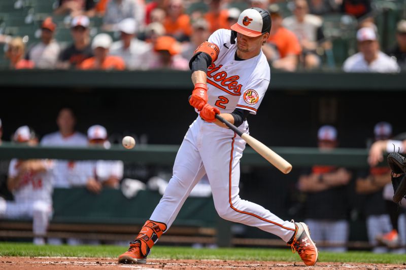 Jun 11, 2023; Baltimore, Maryland, USA; Baltimore Orioles third baseman Gunnar Henderson (2) hits a double during the first inning against the Kansas City Royals at Oriole Park at Camden Yards. Mandatory Credit: Reggie Hildred-USA TODAY Sports