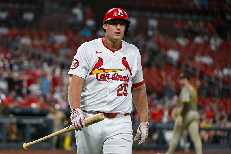 Aug 27, 2024; St. Louis, Missouri, USA;  St. Louis Cardinals designated hitter Luken Baker (26) walks back to the dugout after striking out against the San Diego Padres during the eighth inning at Busch Stadium. Mandatory Credit: Jeff Curry-USA TODAY Sports