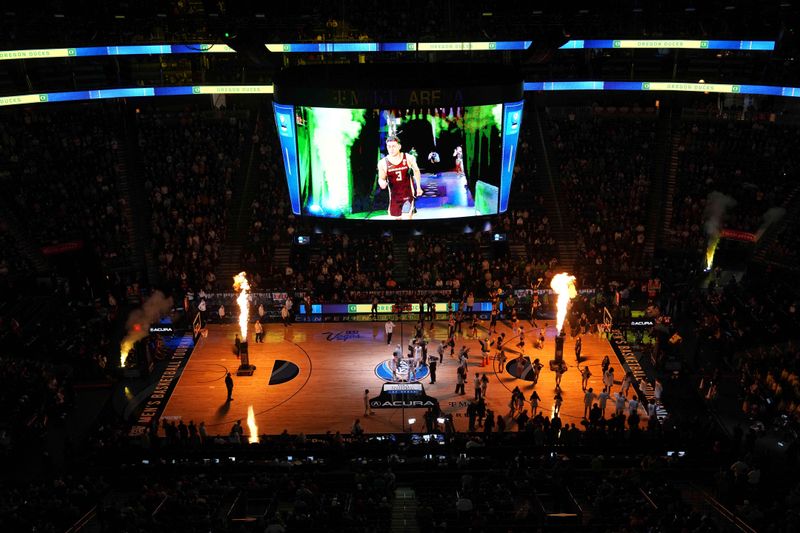 Mar 16, 2024; Las Vegas, NV, USA; A general overall view as Oregon Ducks guard Jackson Shelstad (3) is introduced before the Pac-12 Tournament Championship game against the Colorado Buffaloes T-Mobile Arena. Mandatory Credit: Kirby Lee-USA TODAY Sports