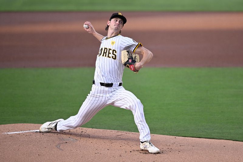 Jun 25, 2024; San Diego, California, USA; San Diego Padres starting pitcher Adam Mazur (36) pitches against the Washington Nationals during the first inning at Petco Park. Mandatory Credit: Orlando Ramirez-USA TODAY Sports