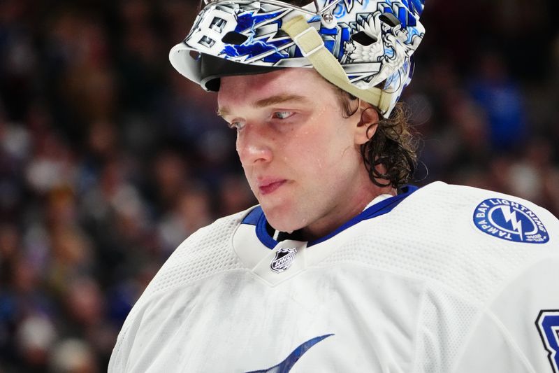 Nov 27, 2023; Denver, Colorado, USA; Tampa Bay Lightning goaltender Andrei Vasilevskiy (88) during the second period against the Colorado Avalanche at Ball Arena. Mandatory Credit: Ron Chenoy-USA TODAY Sports