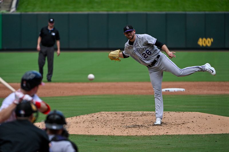 Aug 6, 2023; St. Louis, Missouri, USA;  Colorado Rockies starting pitcher Austin Gomber (26) pitches against the St. Louis Cardinals during the third inning at Busch Stadium. Mandatory Credit: Jeff Curry-USA TODAY Sports