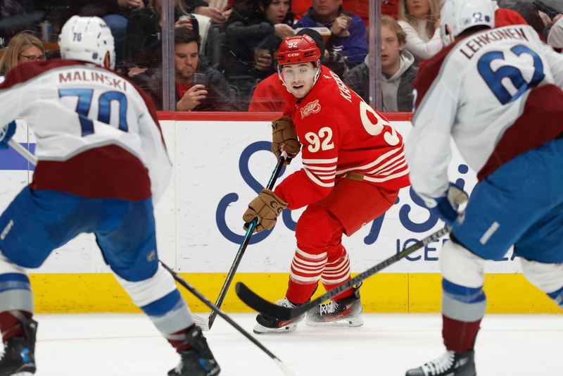 Jan 31, 2026; Detroit, Michigan, USA;  Detroit Red Wings center Marco Kasper (92) skates with the puck in the second period against the Colorado Avalanche at Little Caesars Arena. Mandatory Credit: Rick Osentoski-Imagn Images