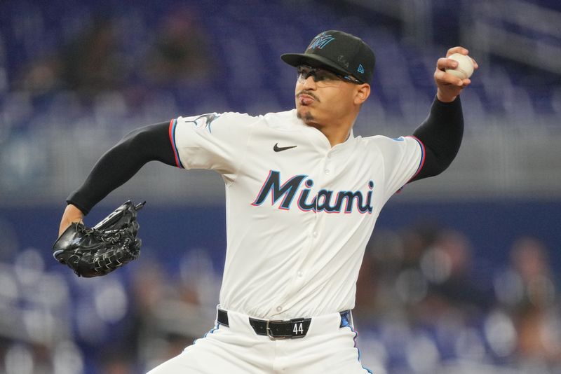 Jun 4, 2024; Miami, Florida, USA; Miami Marlins starting pitcher Jesús Luzardo (44) pitches against the Tampa Bay Rays in the first inning at loanDepot Park. Mandatory Credit: Jim Rassol-USA TODAY Sports