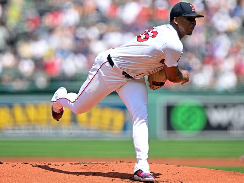 Jul 13, 2025; Boston, Massachusetts, USA; Boston Red Sox pitcher Brayan Bello (66) pitches against the Tampa Bay Rays during the first inning  at Fenway Park. Mandatory Credit: Brian Fluharty-Imagn Images