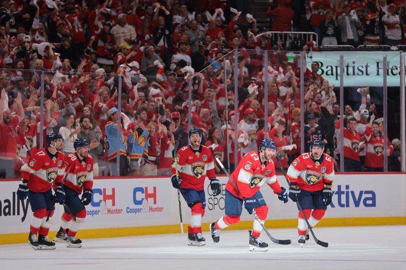 Jun 9, 2025; Sunrise, Florida, USA; Florida Panthers forward Carter Verhaeghe (23) celebrates scoring against the Edmonton Oilers during the first period in game three of the 2025 Stanley Cup Final at Amerant Bank Arena. Mandatory Credit: Sam Navarro-Imagn Images