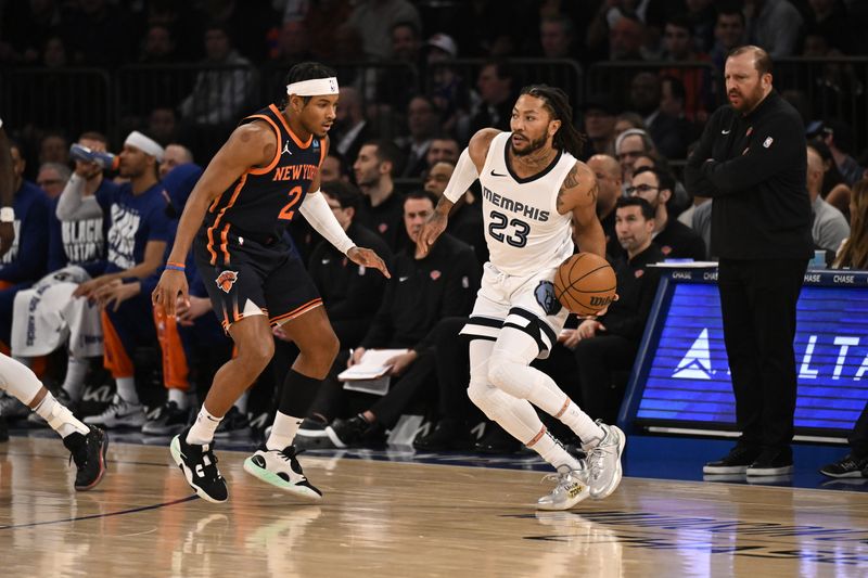 NEW YORK, NY - FEBRUARY 6: Derrick Rose #23 of the Memphis Grizzlies dribbles the ball during the game against the New York Knicks on February 6, 2024 at Madison Square Garden in New York City, New York.  NOTE TO USER: User expressly acknowledges and agrees that, by downloading and or using this photograph, User is consenting to the terms and conditions of the Getty Images License Agreement. Mandatory Copyright Notice: Copyright 2024 NBAE  (Photo by David Dow/NBAE via Getty Images)