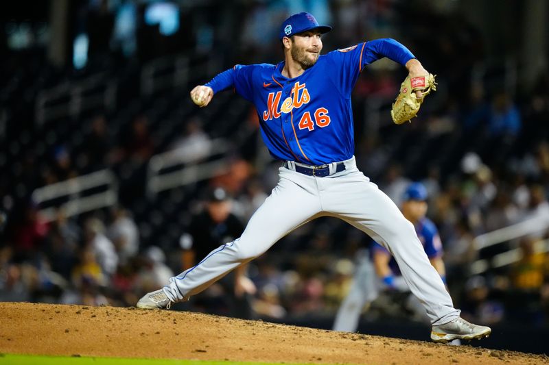 Mar 7, 2023; West Palm Beach, Florida, USA; New York Mets relief pitcher John Curtiss (46) throws a pitch against the Houston Astros during the seventh inning at The Ballpark of the Palm Beaches. Mandatory Credit: Rich Storry-USA TODAY Sports