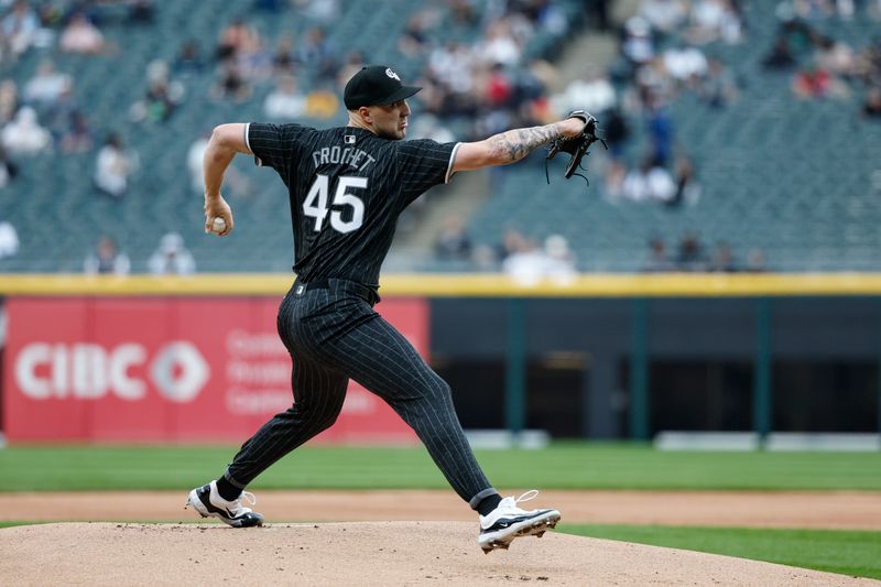 Apr 29, 2024; Chicago, Illinois, USA; Chicago White Sox starting pitcher Garrett Crochet (45) delivers a pitch against the Minnesota Twins during the first inning at Guaranteed Rate Field. Mandatory Credit: Kamil Krzaczynski-USA TODAY Sports