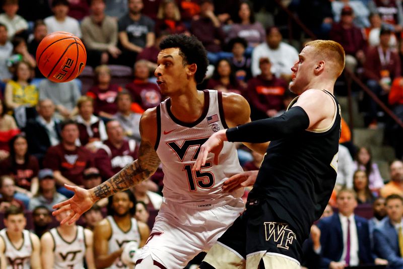 Mar 2, 2024; Blacksburg, Virginia, USA; Virginia Tech Hokies center Lynn Kidd (15) and Wake Forest Demon Deacons guard Cameron Hildreth (2) go for a rebound during the second half at Cassell Coliseum. Mandatory Credit: Peter Casey-USA TODAY Sports