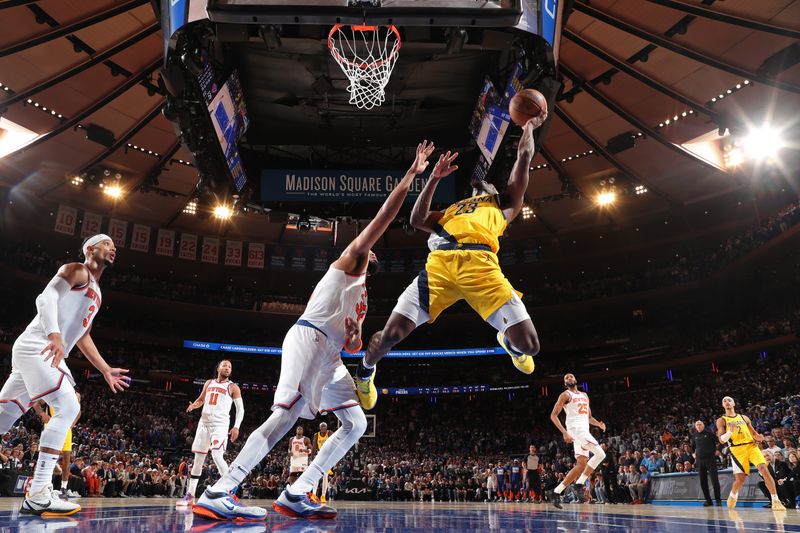 NEW YORK, NY - MAY 21: Aaron Nesmith #23 of the Indiana Pacers drives to the basket during the game against the New York Knicks during Game 1 of the 2025 Eastern Conference Finals on May 21, 2025 at Madison Square Garden in New York City, New York. NOTE TO USER: User expressly acknowledges and agrees that, by downloading and or using this photograph, User is consenting to the terms and conditions of the Getty Images License Agreement. Mandatory Copyright Notice: Copyright 2025 NBAE(Photo by Nathaniel S. Butler/NBAE via Getty Images)