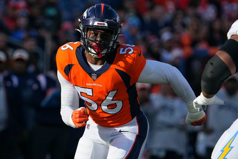 FILE - Denver Broncos linebacker Baron Browning (56) rushes during an NFL football game against the Los Angeles Chargers, Sunday, Jan. 8, 2023, in Denver. A new investment platform that allows fans to buy and sell shares in the future on-the-field earnings of college and professional athletes has received federal approval to begin trading in the U.S. stock market. Browning will headline Vestible Inc.'s initial offering the week of March 18. Vestible is entitled to 1% of Browning’s on-field income, which will be distributed to shareholders, for the remainder of his NFL playing career. (AP Photo/Bart Young, File)