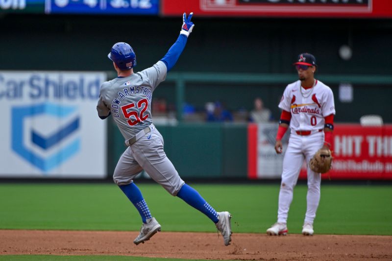 Jul 14, 2024; St. Louis, Missouri, USA;  Chicago Cubs center fielder Pete Crow-Armstrong (52) reacts as he runs the bases after hitting a solo home run against the St. Louis Cardinals during the third inning at Busch Stadium. Mandatory Credit: Jeff Curry-USA TODAY Sports