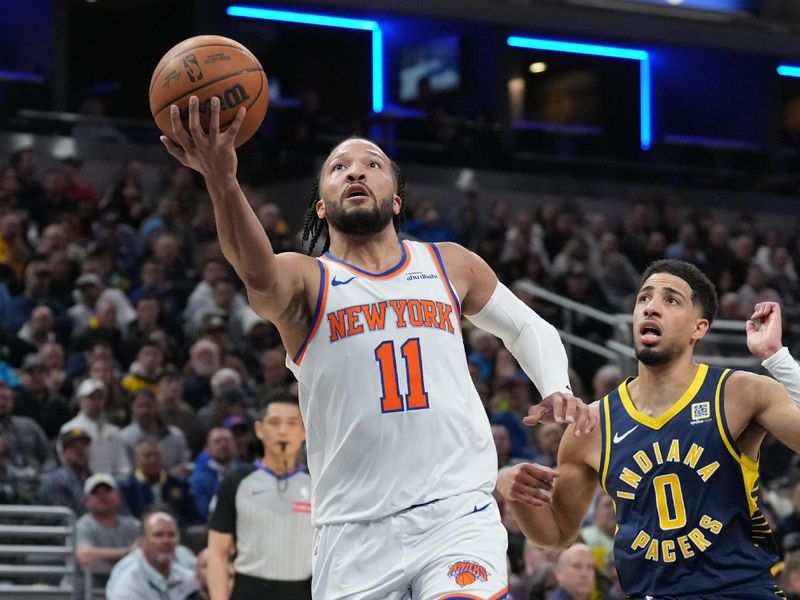 INDIANAPOLIS, IN - FEBRUARY 11: Jalen Brunson #11 of the New York Knicks drives to the basket during the game against the Indiana Pacers on February 11, 2025 at Gainbridge Fieldhouse in Indianapolis, Indiana. NOTE TO USER: User expressly acknowledges and agrees that, by downloading and or using this Photograph, user is consenting to the terms and conditions of the Getty Images License Agreement. Mandatory Copyright Notice: Copyright 2025 NBAE (Photo by A.J. Mast/NBAE via Getty Images)
