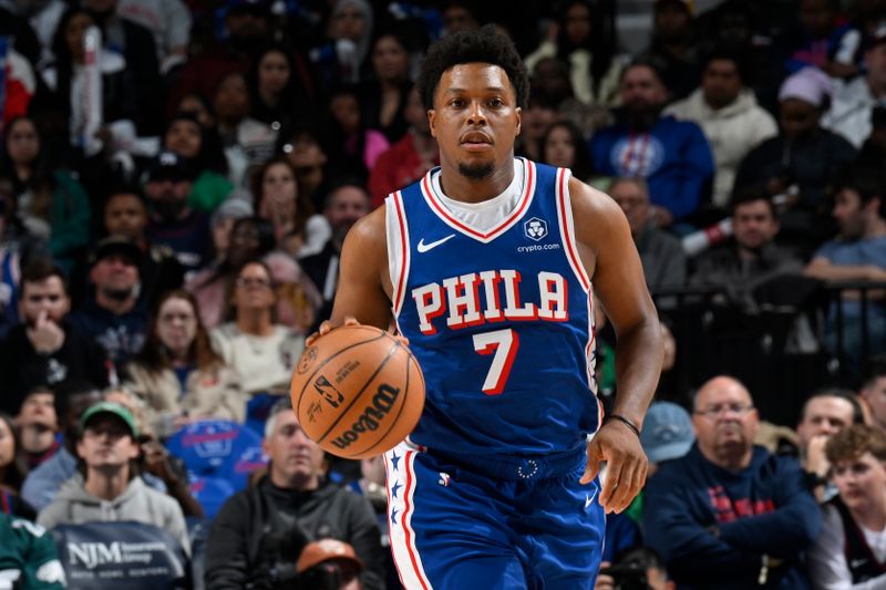 PHILADELPHIA, PA - NOVEMBER 10: Kyle Lowry #7 of the Philadelphia 76ers dribbles the ball during the game against the Charlotte Hornets on November 10, 2024 at the Wells Fargo Center in Philadelphia, Pennsylvania NOTE TO USER: User expressly acknowledges and agrees that, by downloading and/or using this Photograph, user is consenting to the terms and conditions of the Getty Images License Agreement. Mandatory Copyright Notice: Copyright 2024 NBAE (Photo by David Dow/NBAE via Getty Images)