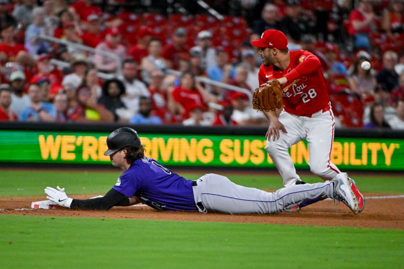 Jun 7, 2024; St. Louis, Missouri, USA;  Colorado Rockies right fielder Michael Toglia (4) slides in at third after hitting a three run triple against the St. Louis Cardinals during the fourth inning at Busch Stadium. Mandatory Credit: Jeff Curry-USA TODAY Sports