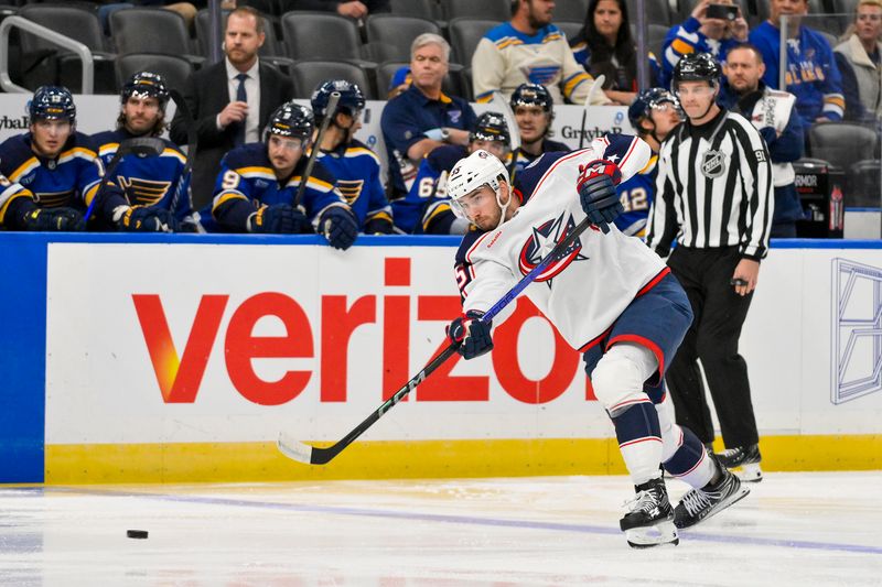 Oct 1, 2024; St. Louis, Missouri, USA;  Columbus Blue Jackets defenseman David Jiricek (55) shoots against the St. Louis Blues during the first period at Enterprise Center. Mandatory Credit: Jeff Curry-Imagn Images