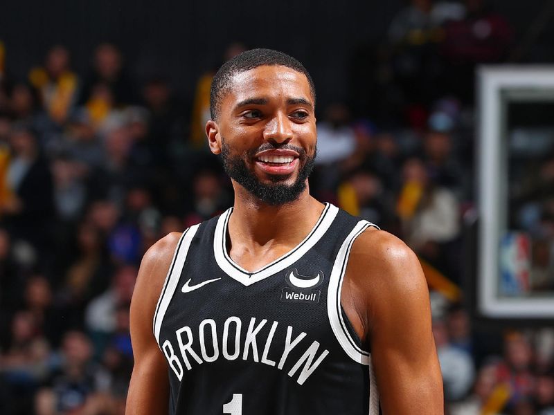 BROOKLYN, NY - JANUARY 23: Mikal Bridges #1 of the Brooklyn Nets smiles during the game against the New York Knicks on January 23, 2024 at Barclays Center in Brooklyn, New York. NOTE TO USER: User expressly acknowledges and agrees that, by downloading and or using this Photograph, user is consenting to the terms and conditions of the Getty Images License Agreement. Mandatory Copyright Notice: Copyright 2024 NBAE (Photo by David Nemec/NBAE via Getty Images)