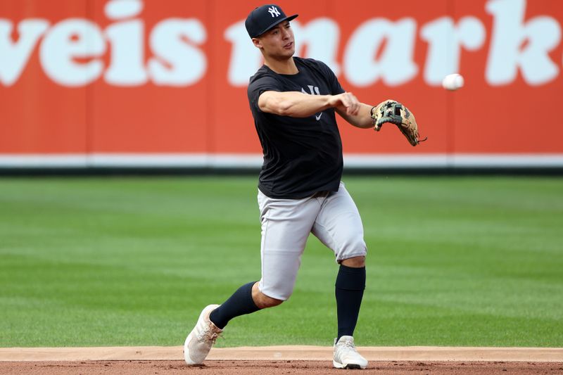 Sep 19, 2025; Baltimore, Maryland, USA; New York Yankees shortstop Anthony Volpe (11) warms up before a game against the Baltimore Orioles at Oriole Park at Camden Yards. Mandatory Credit: Daniel Kucin Jr.-Imagn Images